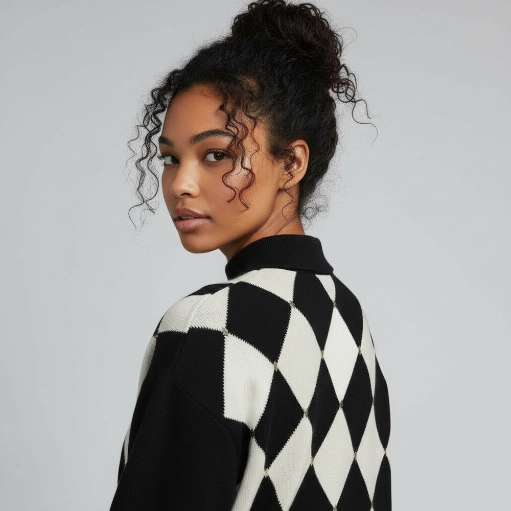 ST. JOHN Argyle Black White Diamond Collared Sweater Top - Size P - Picture 3 of 15